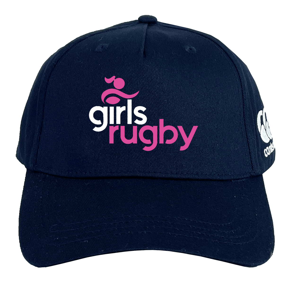 The Girls Rugby Flexfit Drill Cap by EMB Canterbury is a navy blue curved brim cap featuring "girls rugby" in pink and white on the front and a white CCC logo on the side.