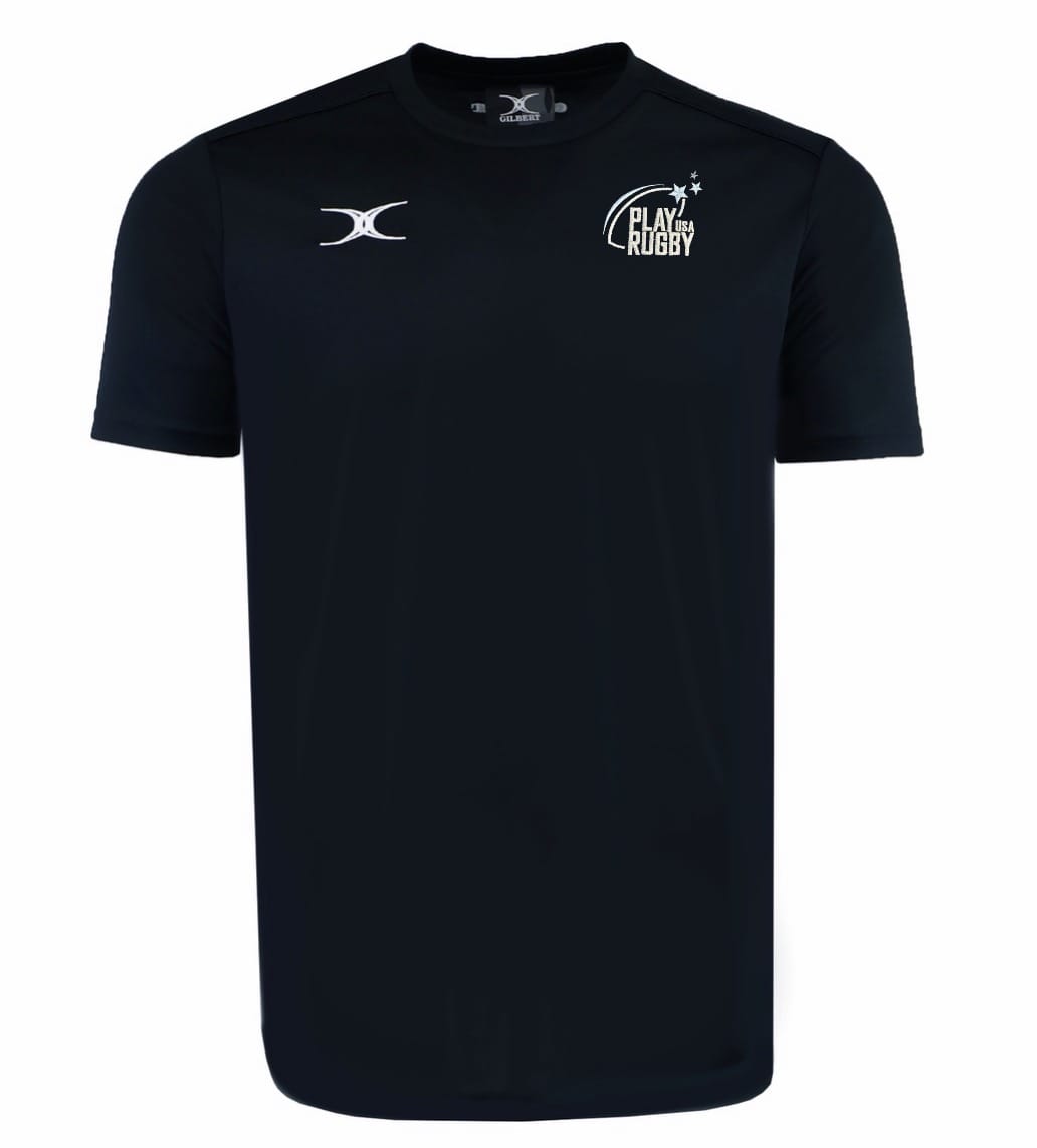 The Play Rugby USA Photon Training Tee by EMB Gilbert is a black short-sleeve top in moisture-wicking fabric, featuring a white "Play Rugby" logo on the left chest and a Gilbert Rugby emblem on the right.