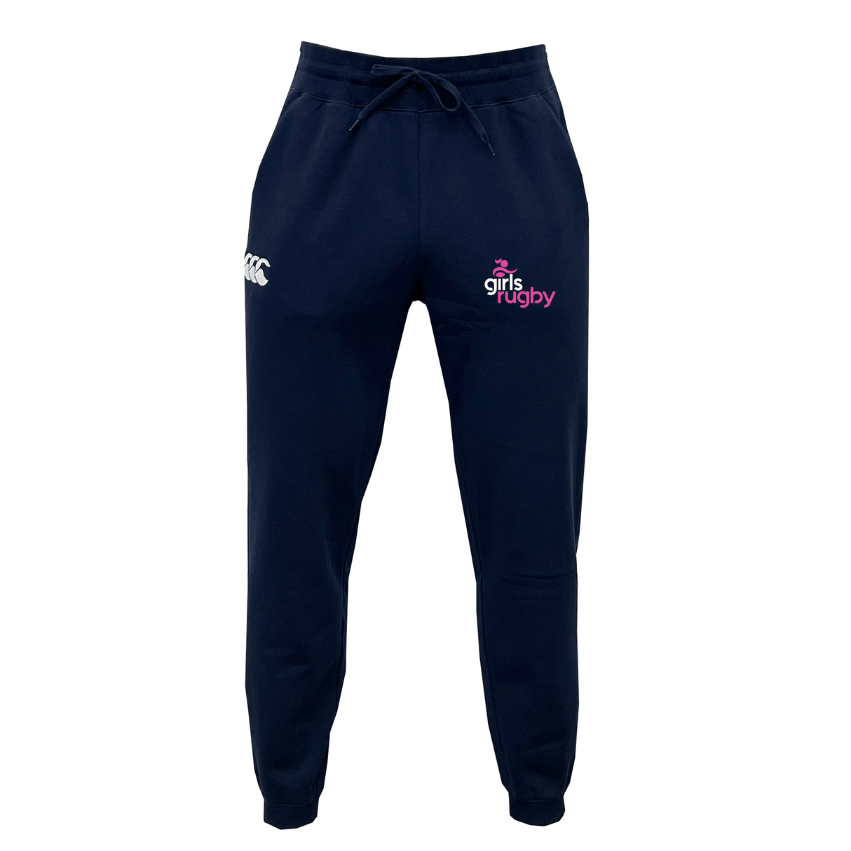 The Girls Rugby Leisure Sweatpant by EMB Canterbury features navy blue organic cotton, a "Girls Rugby" logo, white embroidered emblem on the front, drawstring waist, and side pockets.