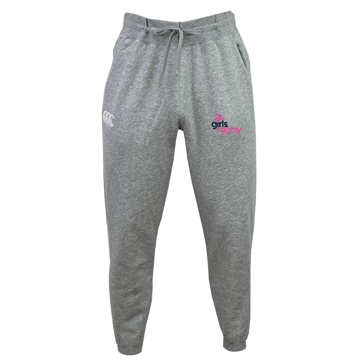 The Girls Rugby Leisure Sweatpant by EMB Canterbury is a gray jogger made from recycled polyester fleece, featuring a drawstring waist, white logo on the left hip, and "girls rugby" in pink and purple on the right hip.