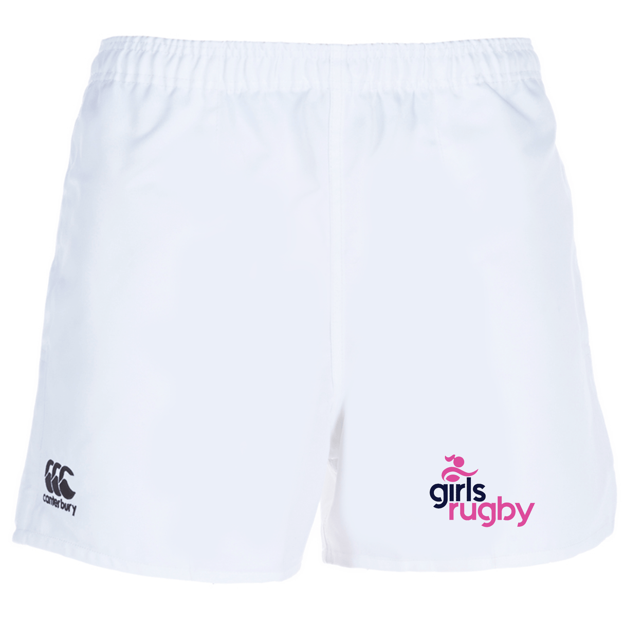 The Girls Rugby Professional Polyester Rugby Short by EMB Canterbury features a Canterbury logo on the left leg and a pink-and-purple "girls rugby" logo on the right, offering athletes stylish, functional shorts.