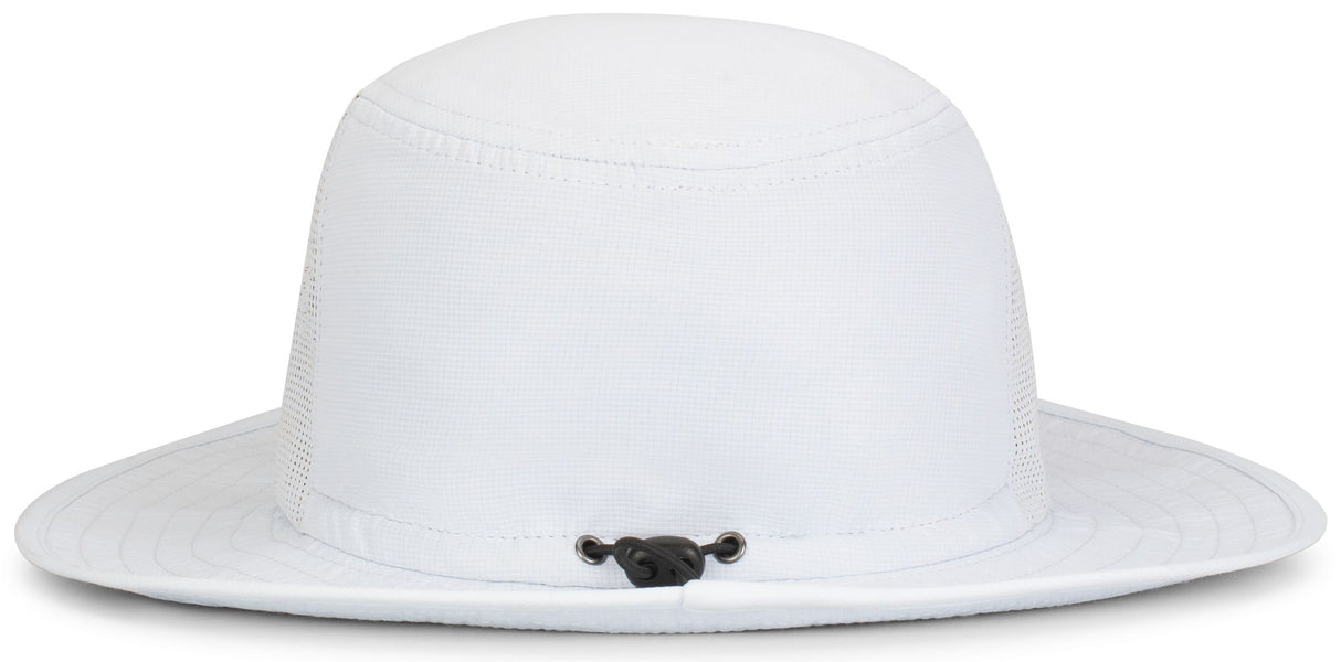 The EMB Augusta USA Rugby Throwback Legend Boonie Hat features a white wide brim, mesh ventilation panels, an adjustable black chin cord, and moisture-wicking fabric for all-day comfort, shown on a white background.