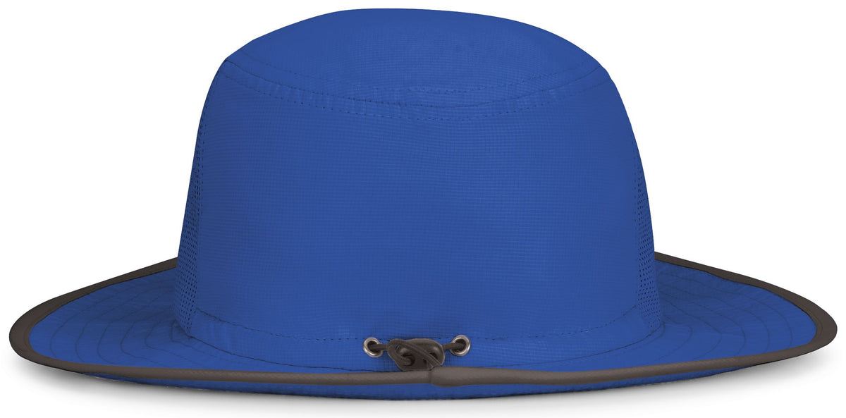 The EMB Augusta USA Rugby Throwback Legend Boonie Hat features blue fabric, black trim, and a small black cord at the crown’s base, combining classic style with comfort.