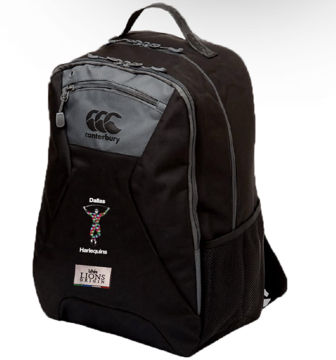 The EMB Canterbury Dallas Harlequins Lions Origin Medium Backpack is black, water repellent, and features team logos, a top handle, side mesh pocket, and multiple zippered compartments for athletic gear.