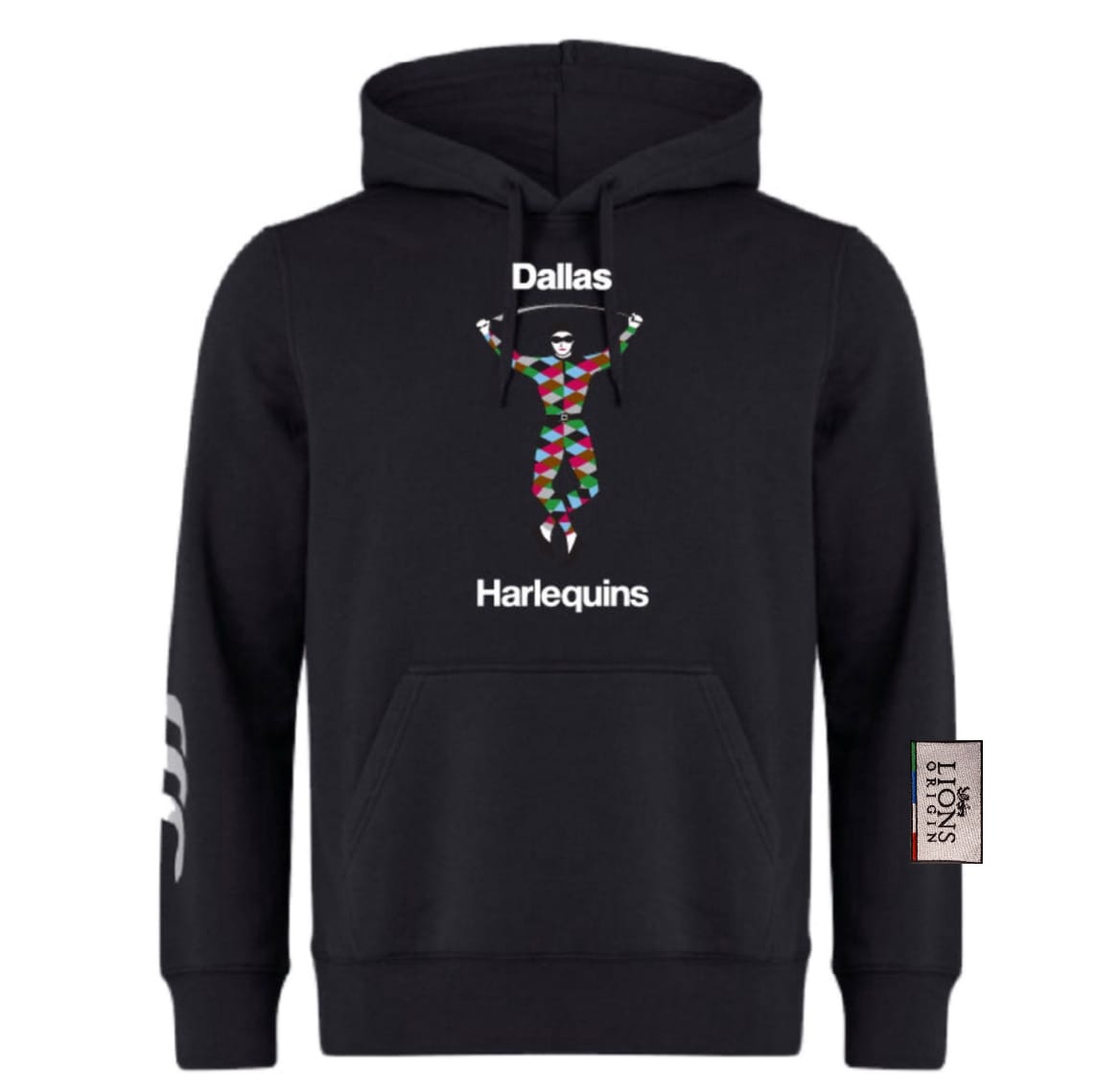 The Dallas Harlequins Lions Origin Club Hoodie by WRS Canterbury features a colorful harlequin figure, "Dallas Harlequins" text, a white sleeve logo, and is made from premium fleece. Optional customization available.