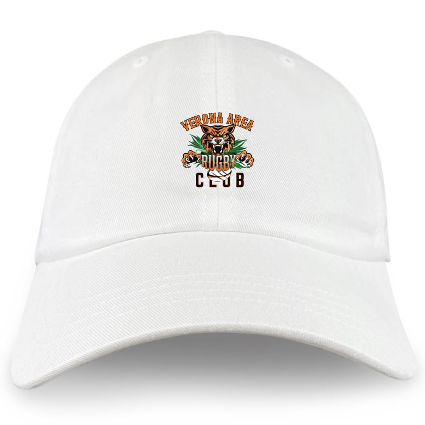 The Verona Area Rugby Adult Low-Profile Cotton Twill Dad Cap by EMB S&S Activewear features a tiger face and green leaves logo embroidered on the front—ideal for showing your team spirit.