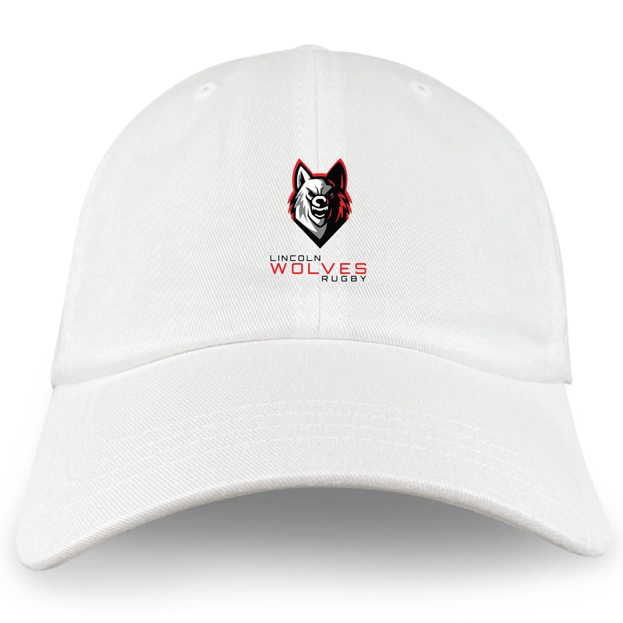 The EMB S&S Activewear Lincoln Wolves Adult Low-Profile Cotton Twill Dad Cap features a white cotton twill build, an embroidered stylized wolf head, and "Lincoln Wolves Rugby" in red and black on the front.