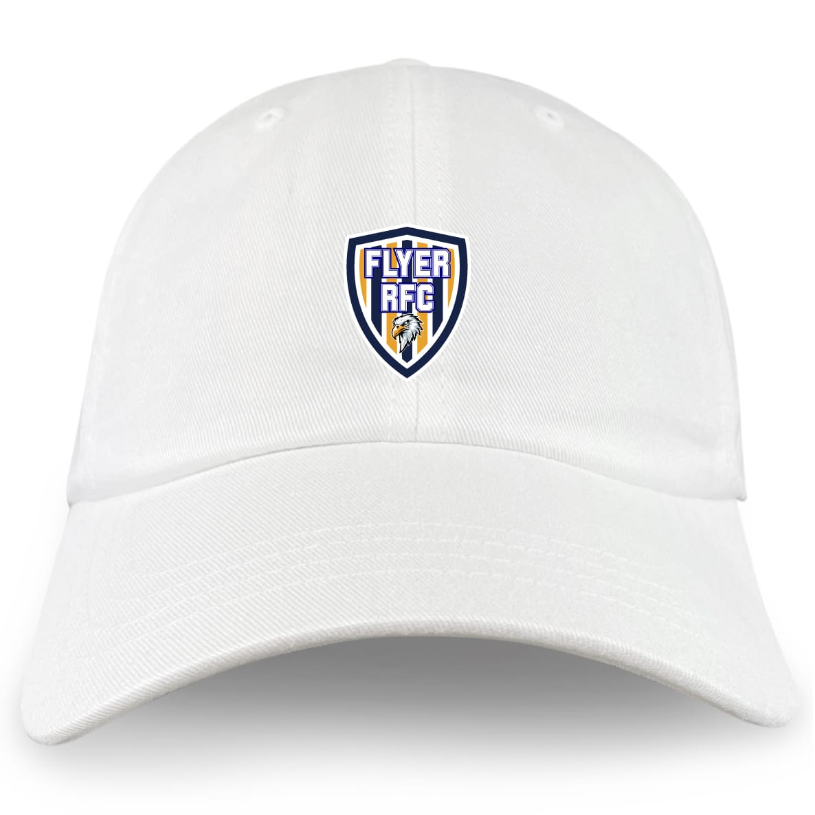 The Franklin County High School Rugby Adult Low-Profile Cotton Twill Dad Cap by EMB S&S Activewear features custom embroidery of the Flyer RFC logo with a stylized shield and text on the white cotton twill front.