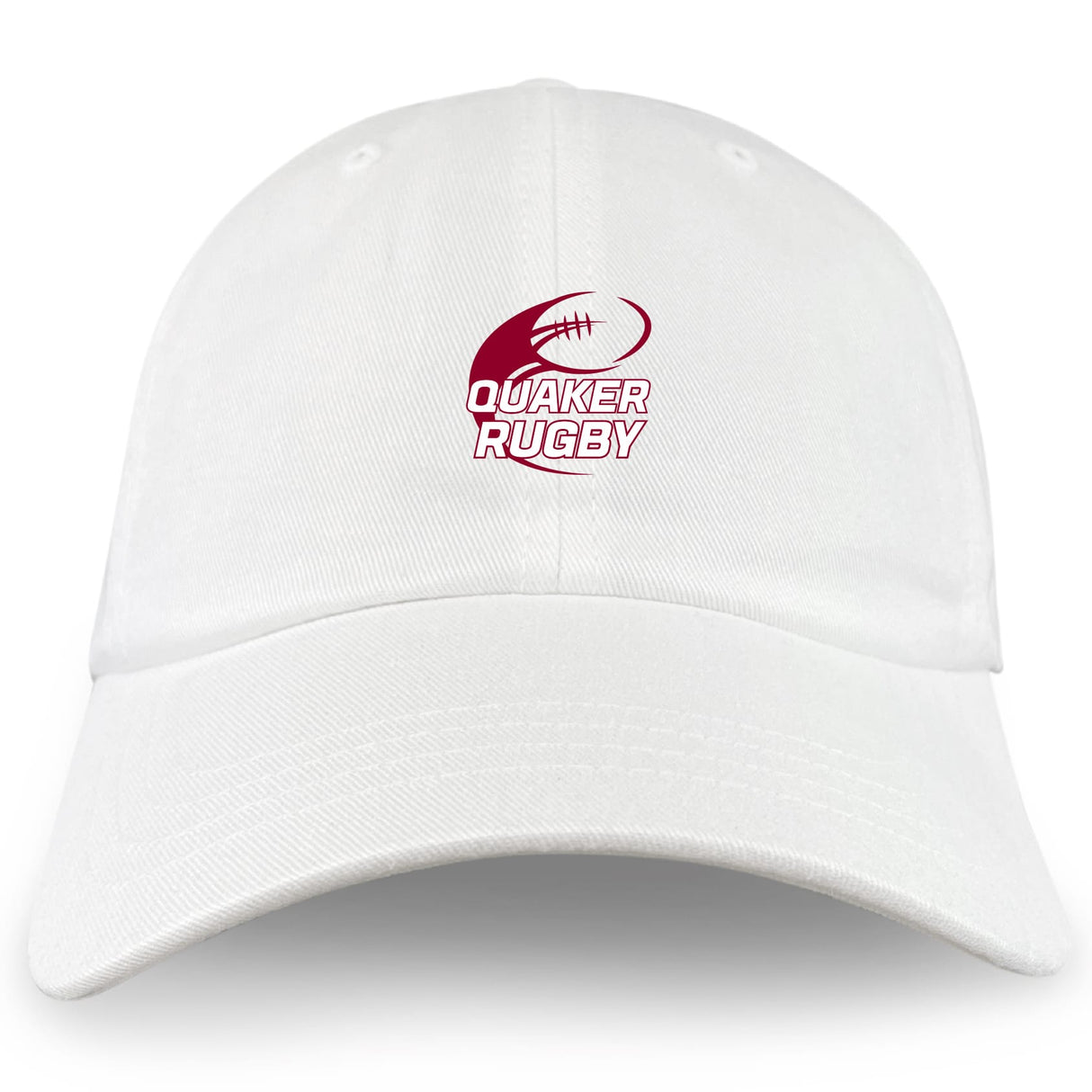 The Guilford College Adult Low-Profile Cotton Twill Dad Cap by EMB S&S Activewear features a maroon rugby ball graphic and "QUAKER RUGBY" embroidered on the front—perfect for fans and players.