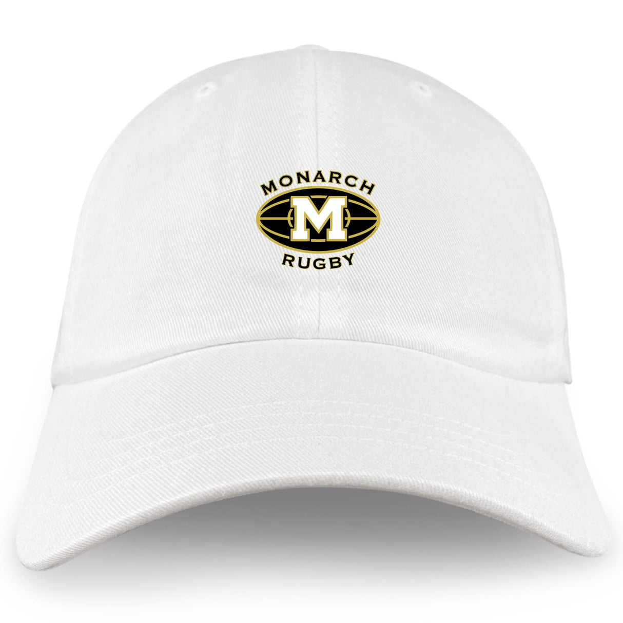The Monarch Rugby Club Adult Low-Profile Cotton Twill Dad Cap by EMB S&S Activewear features a classic white design with bold black and gold embroidered "Monarch Rugby" branding and a large "M" at the center.