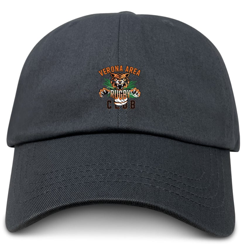 Show your team spirit with the Verona Area Rugby Adult Low-Profile Cotton Twill Dad Cap by EMB S&S Activewear, featuring an embroidered club logo with a tiger holding a rugby ball on the front.
