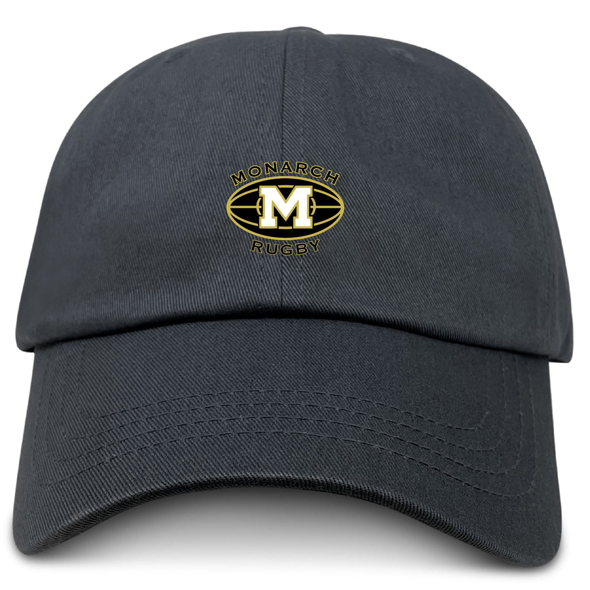 The EMB S&S Activewear Monarch Rugby Club Adult Low-Profile Cotton Twill Dad Cap is black and features bold embroidered "MONARCH RUGBY" text and a gold "M" oval logo on the front.