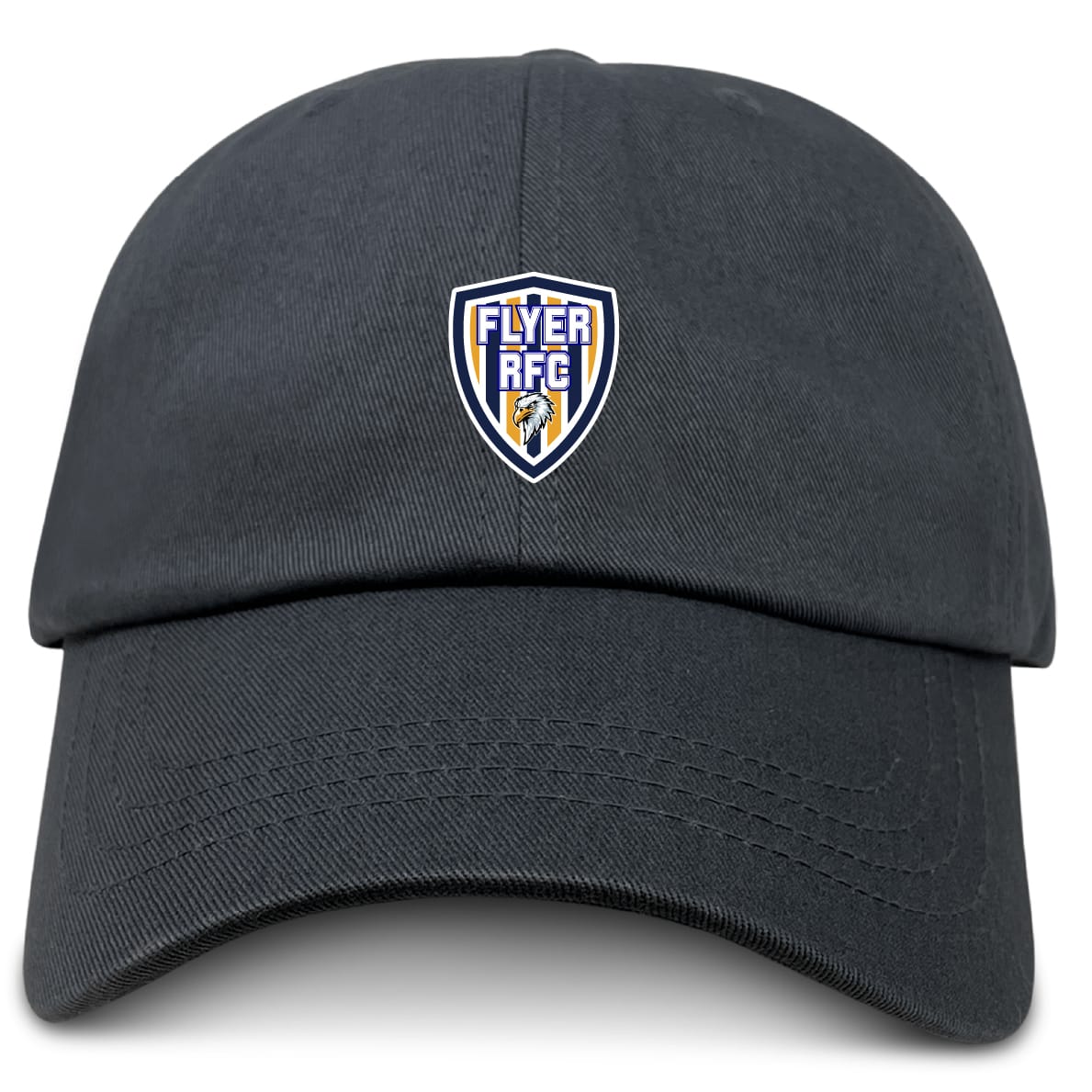 The Franklin County High School Rugby Adult Low-Profile Cotton Twill Dad Cap by EMB S&S Activewear is black and features a custom embroidered blue, white, and yellow Flyer RFC lion emblem on the front center.