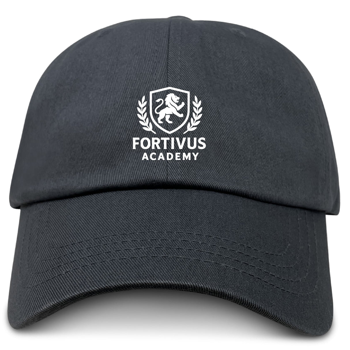 The EMB S&S Activewear Fortivus Academy Adult Low-Profile Cotton Twill Dad Cap features classic team branding with a black cotton twill build and a white embroidered lion shield logo above "FORTIVUS ACADEMY.
