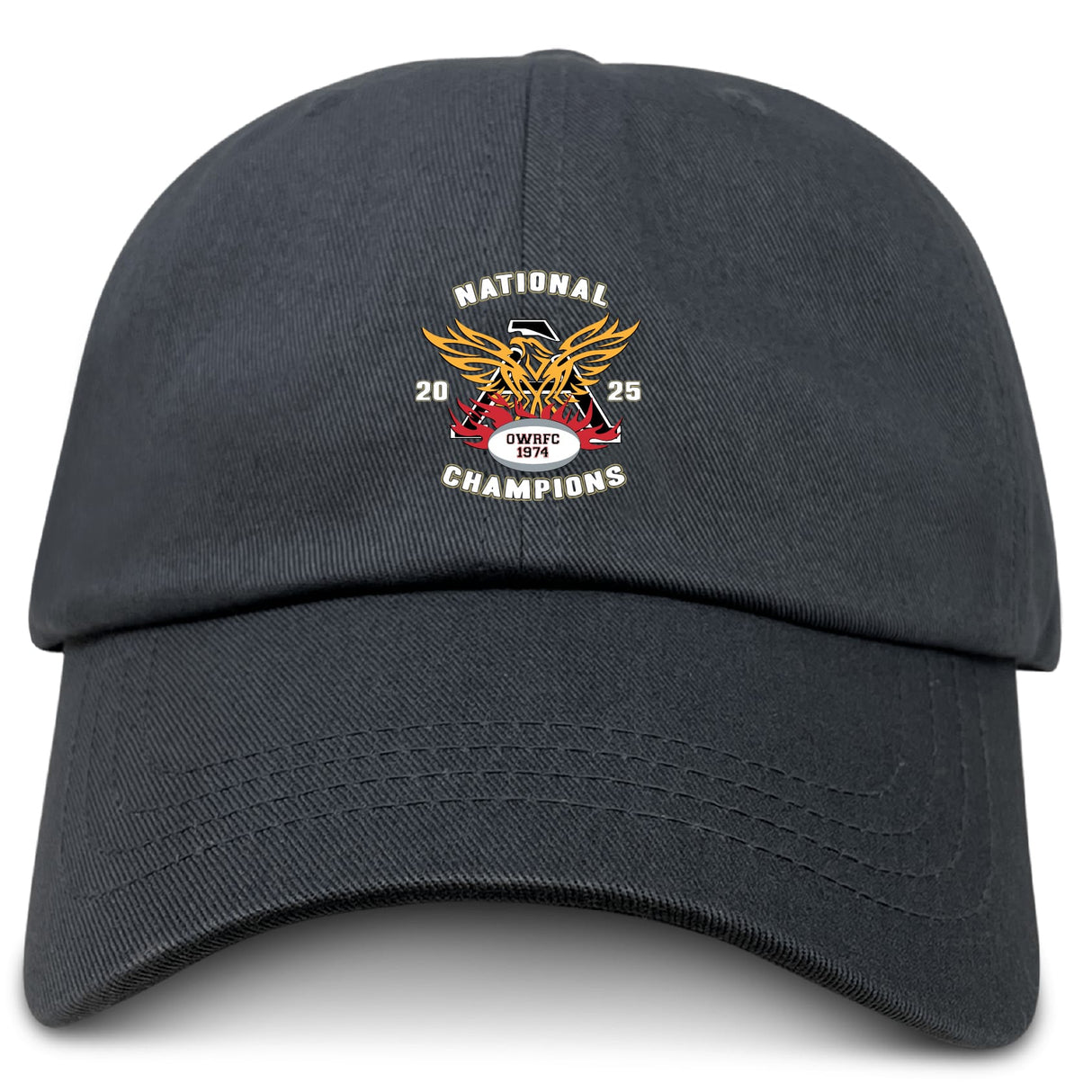 The Atlanta Old White Rugby Champs Adult Low-Profile Cotton Twill Dad Cap by EMB S&S Activewear features a black cotton twill build and a colorful embroidered “National Champions 2025” logo with a sports-themed crest on the front.