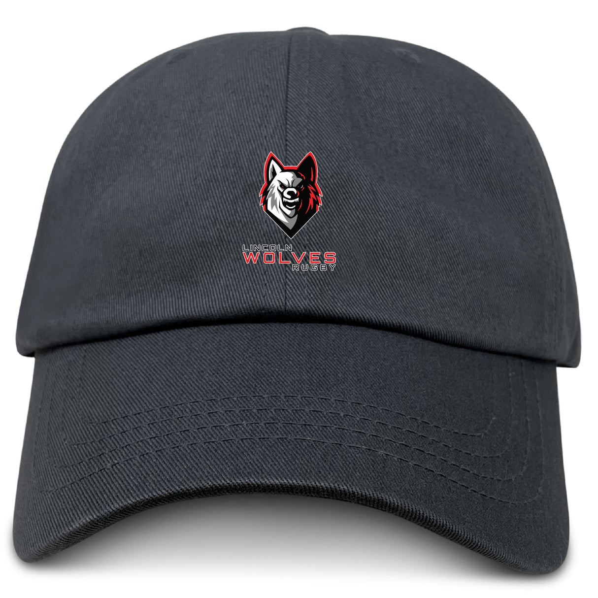 The Lincoln Wolves Adult Low-Profile Cotton Twill Dad Cap by EMB S&S Activewear features a black cotton twill design, a stylized wolf head logo with red accents, and embroidered "WOLVES" team branding beneath.
