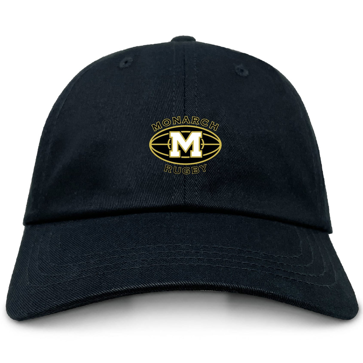 The Monarch Rugby Club Adult Low-Profile Cotton Twill Dad Cap by EMB S&S Activewear features a black cotton twill build with a gold "M" logo and embroidered "Monarch Rugby" text above and below the letter in an oval.