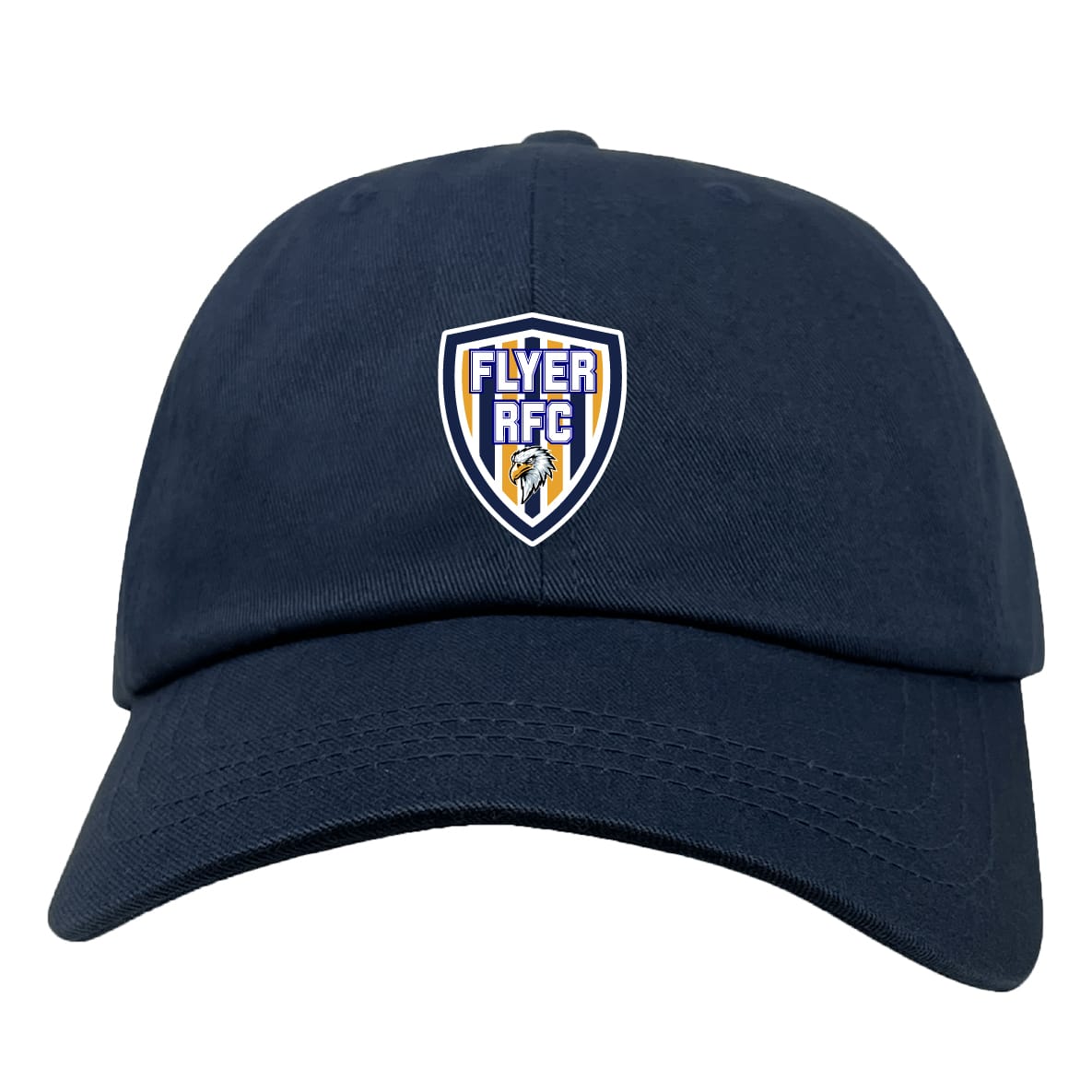 The Franklin County High School Rugby Adult Low-Profile Cotton Twill Dad Cap by EMB S&S Activewear features a navy blue design with a custom embroidered "Flyer RFC" shield logo and eagle on the front center.
