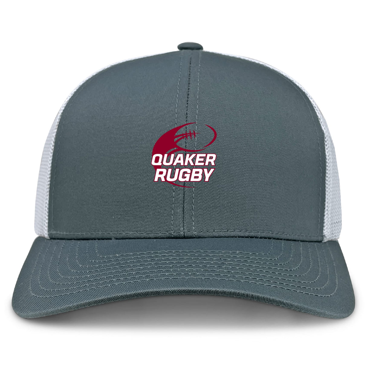 The Guilford College Retro Trucker Cap by EMB S&S Activewear is a gray and white mesh-back hat with an embroidered maroon rugby ball and "Quaker Rugby" on the front, plus a classic snapback closure for adjustable fit.