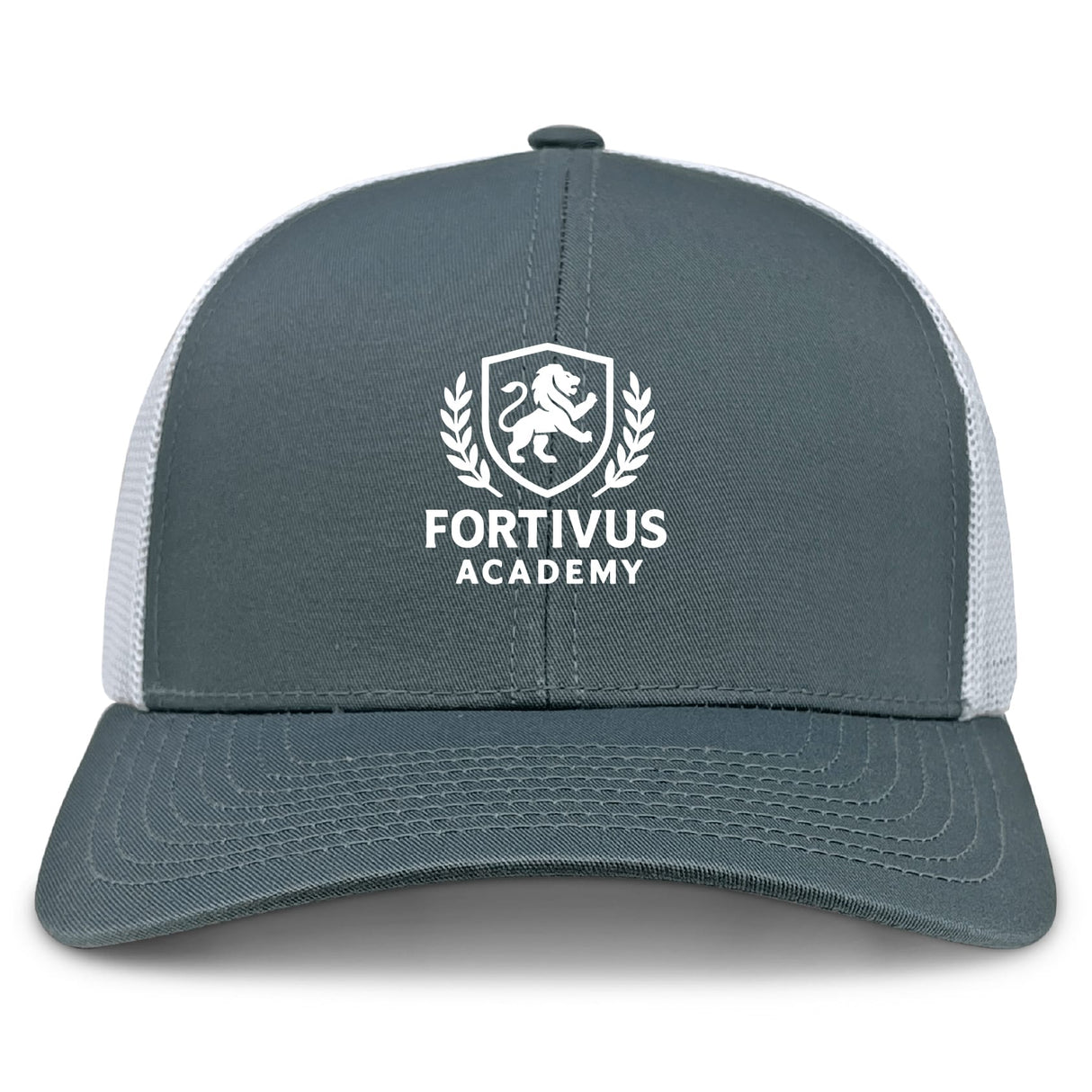 The Fortivus Academy Retro Trucker Cap by EMB S&S Activewear features a gray and white design, embroidered lion and laurel wreath logo on the front, and an adjustable snapback closure for a customizable fit.