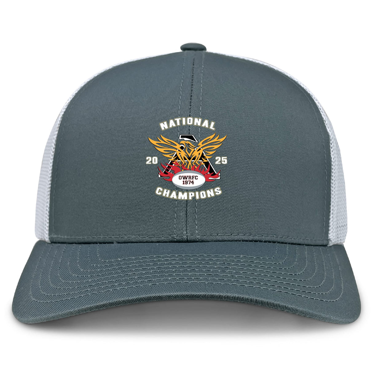 The Atlanta Old White Rugby Champs Retro Trucker Cap by EMB S&S Activewear features a gray and white design, embroidered "National Champions 2025" emblem with a winged logo, "OWRFC 1979" text, and an adjustable snapback closure.