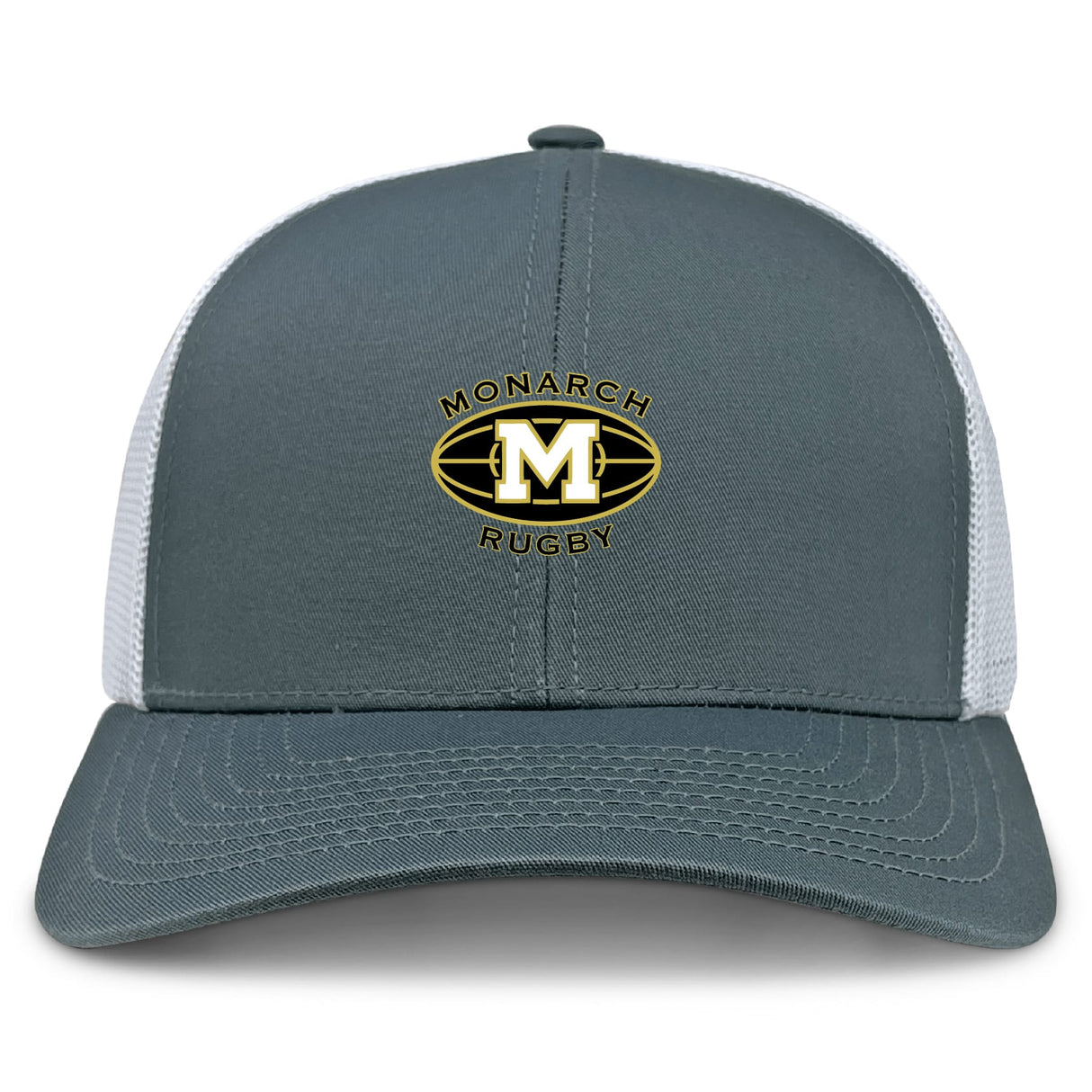 The Monarch Rugby Club Retro Trucker Cap by EMB S&S Activewear features gray and white retro styling, an embroidered "Monarch Rugby" with large "M" logo on the front, and a classic snapback closure.