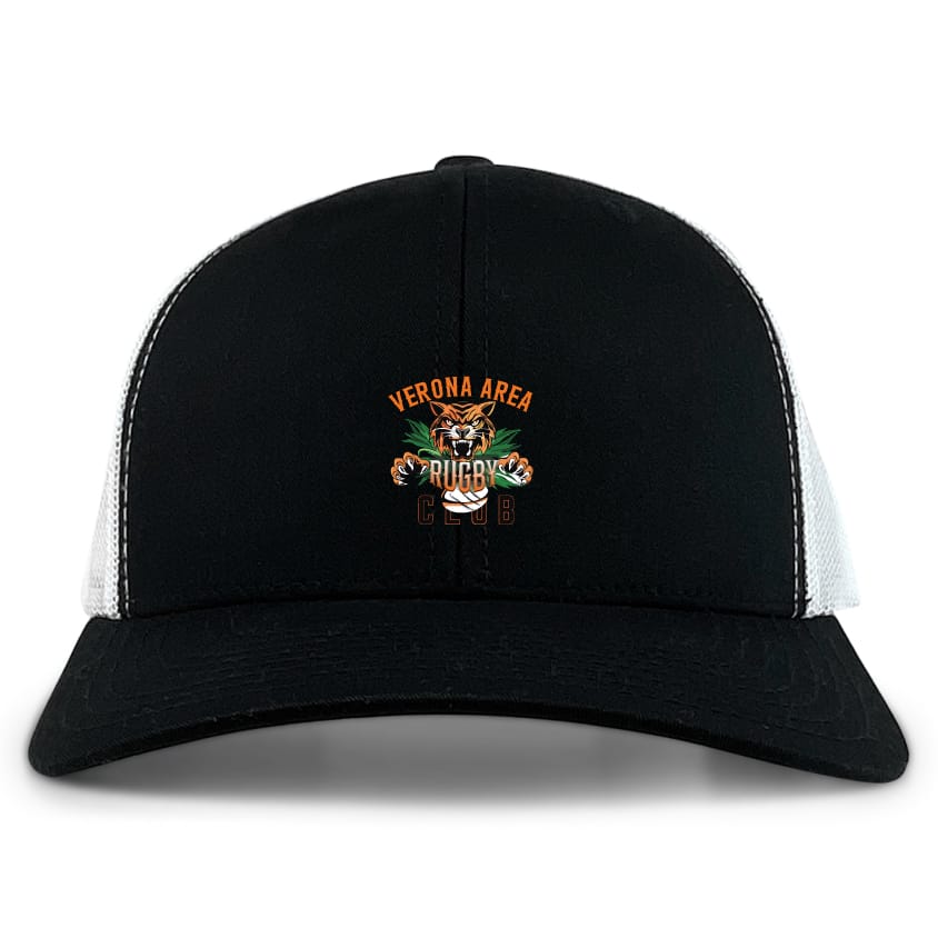 The Verona Area Rugby Retro Trucker Cap by EMB S&S Activewear features a black and white design with an embroidered club logo, tiger, and crossed rugby balls on the front, plus a comfortable snapback closure for the perfect fit.