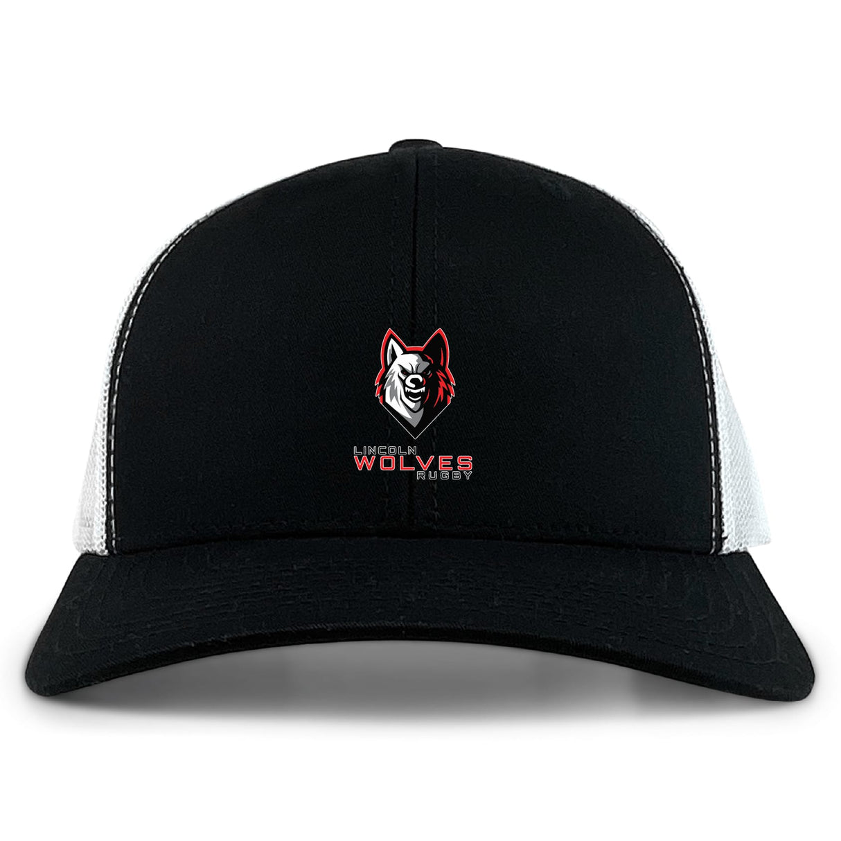 The EMB S&S Activewear Lincoln Wolves Retro Trucker Cap features a bold red and white wolf logo with "Lincoln Wolves Rugby" on the front, black and white color scheme, and an adjustable snapback closure for a comfortable, classic fit.