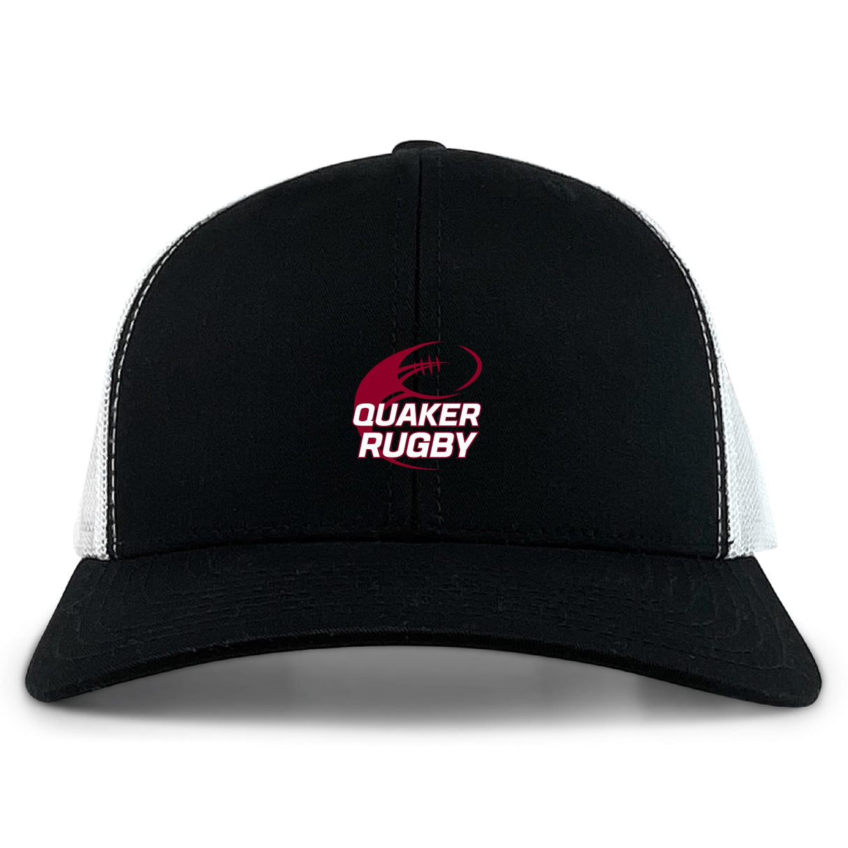 The Guilford College Retro Trucker Cap by EMB S&S Activewear features a black and white design, "Quaker Rugby" and rugby ball logo embroidered in red and white on the front, plus an adjustable snapback closure.