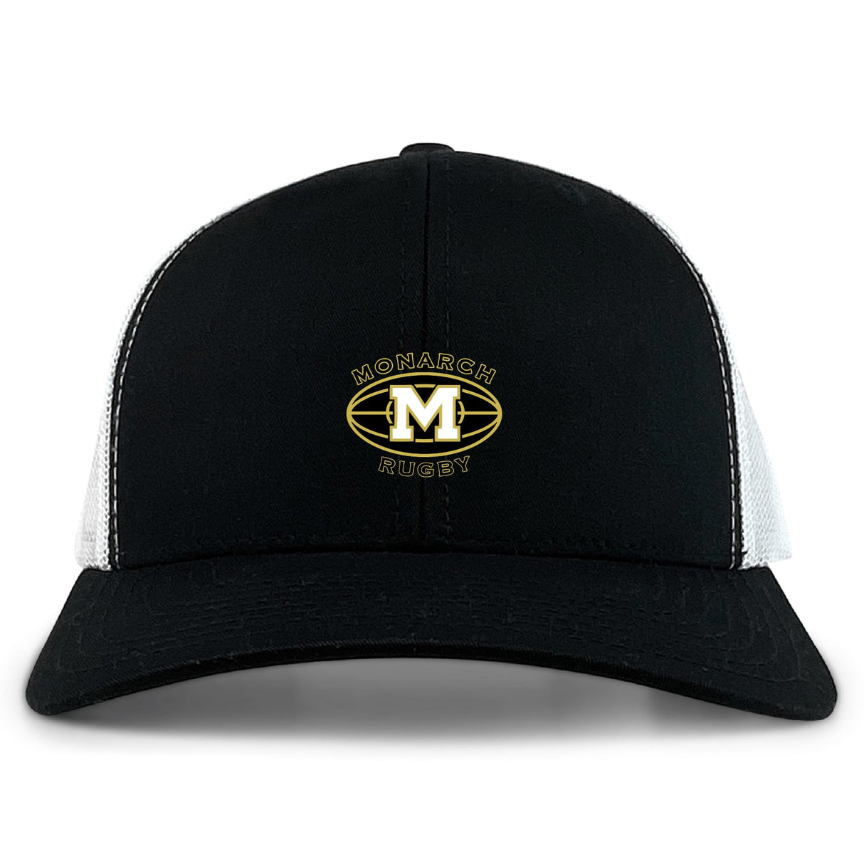 The Monarch Rugby Club Retro Trucker Cap by EMB S&S Activewear features a black and white design, an embroidered gold "M" rugby ball logo on the front, and an adjustable snapback closure.