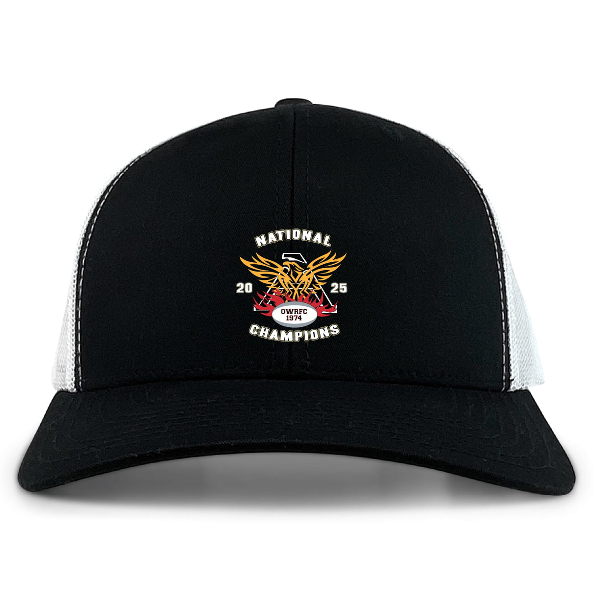 The EMB S&S Activewear Atlanta Old White Rugby Champs Retro Trucker Cap features a black and white design with an embroidered 2025 National Champions eagle, football, and banner emblem on the front, plus an adjustable snapback closure.