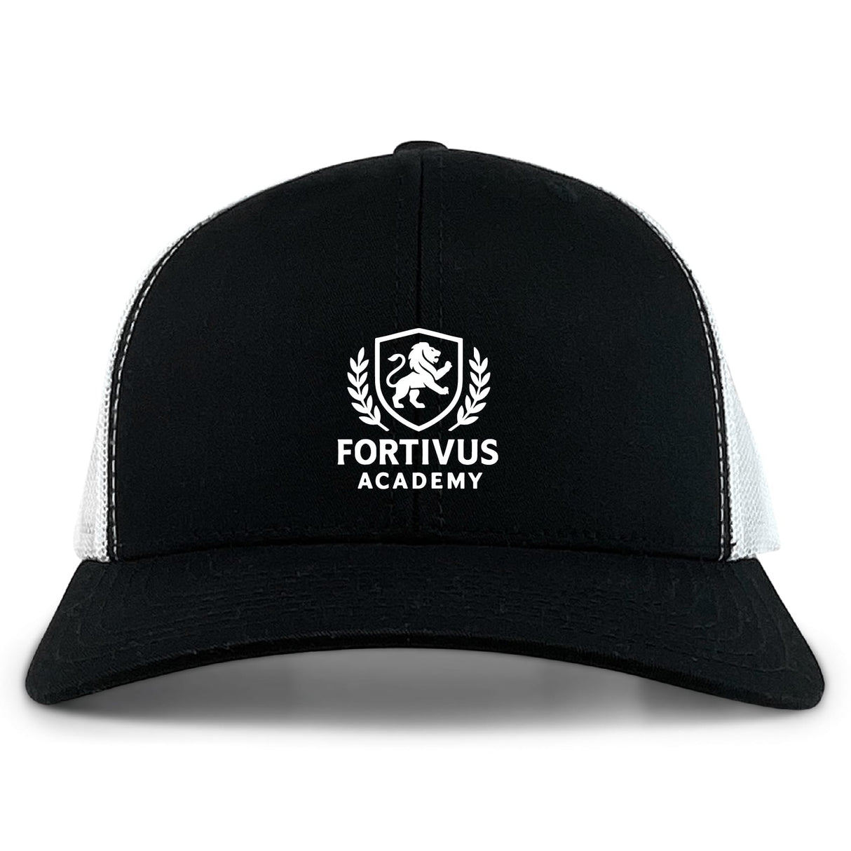 The Fortivus Academy Retro Trucker Cap by EMB S&S Activewear features a black and white design, an embroidered “Fortivus Academy” logo with lion and laurel wreath on the front, and an adjustable snapback closure.