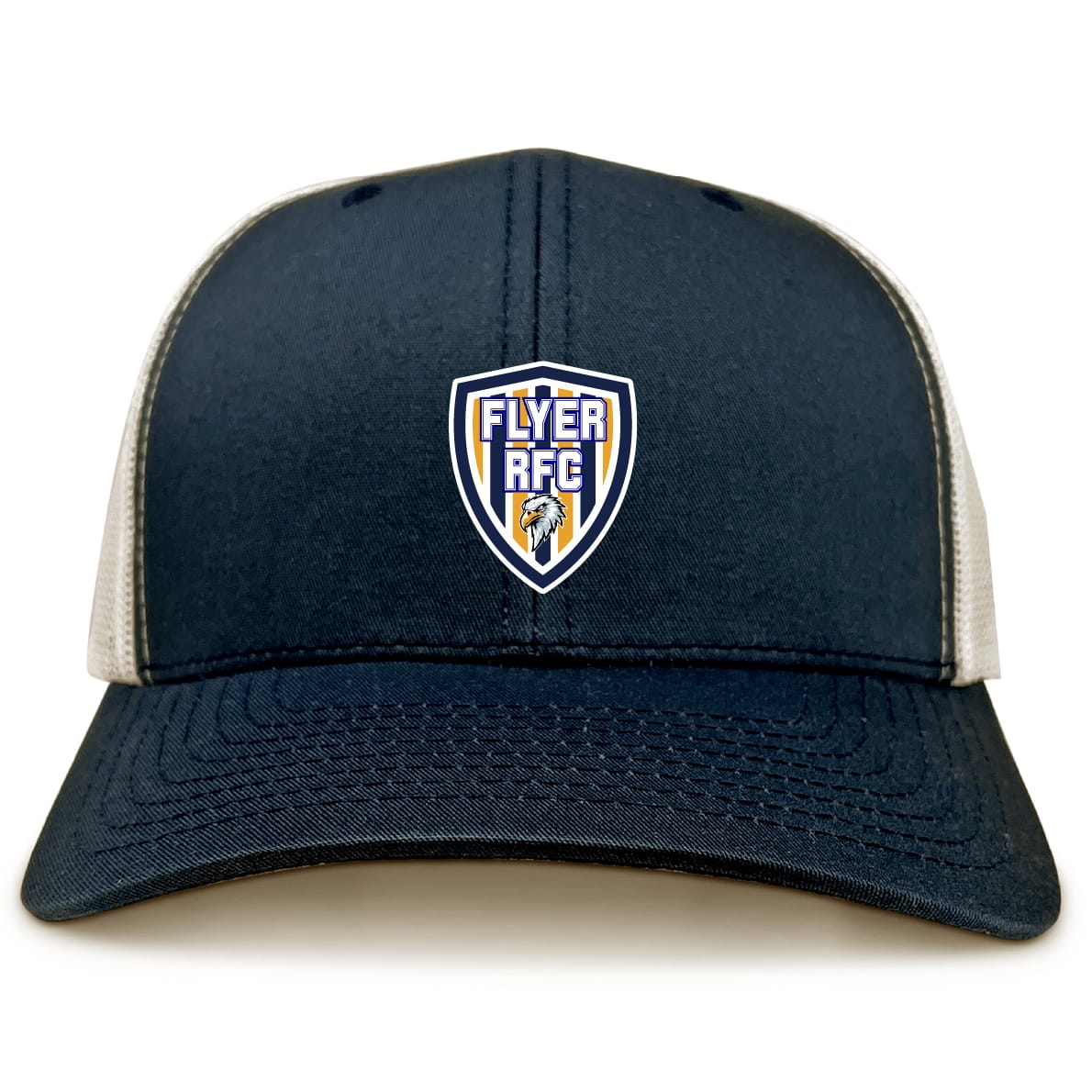 The EMB S&S Activewear Franklin County High School Rugby Retro Trucker Cap features a navy and beige design, an embroidered rugby shield with lion on the front, and a snapback closure for adjustable fit.