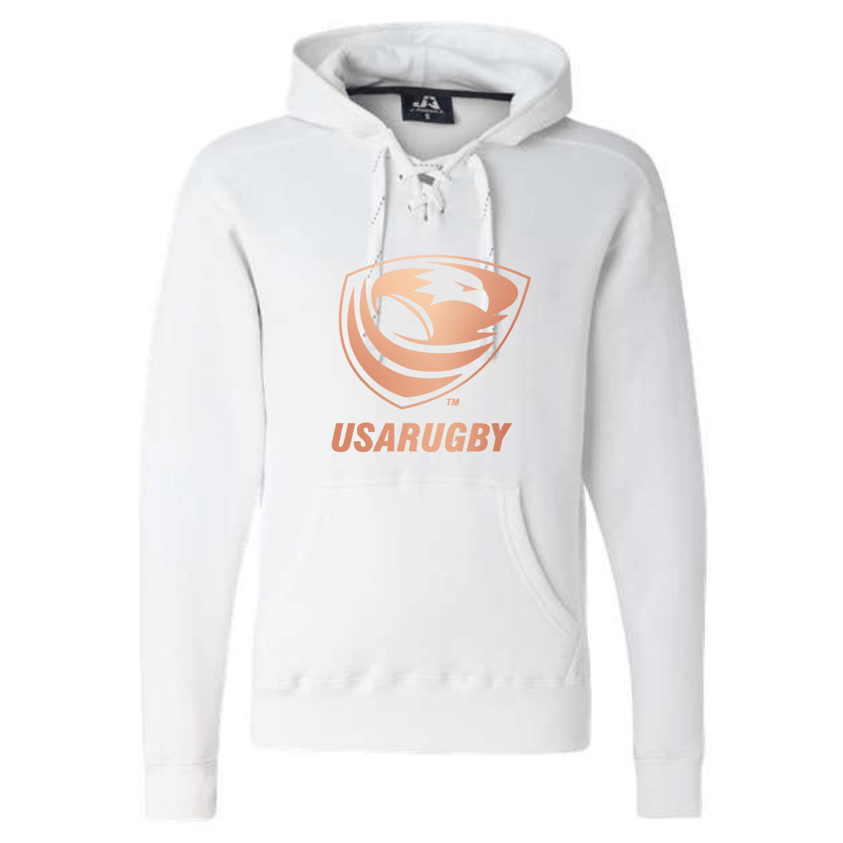The USA Rugby Bronze Sport Laced Hockey Hoodie by WRS S&S Activewear features a white design, front pocket, and orange chest logo, offering a sporty look inspired by classic hockey hoodies.