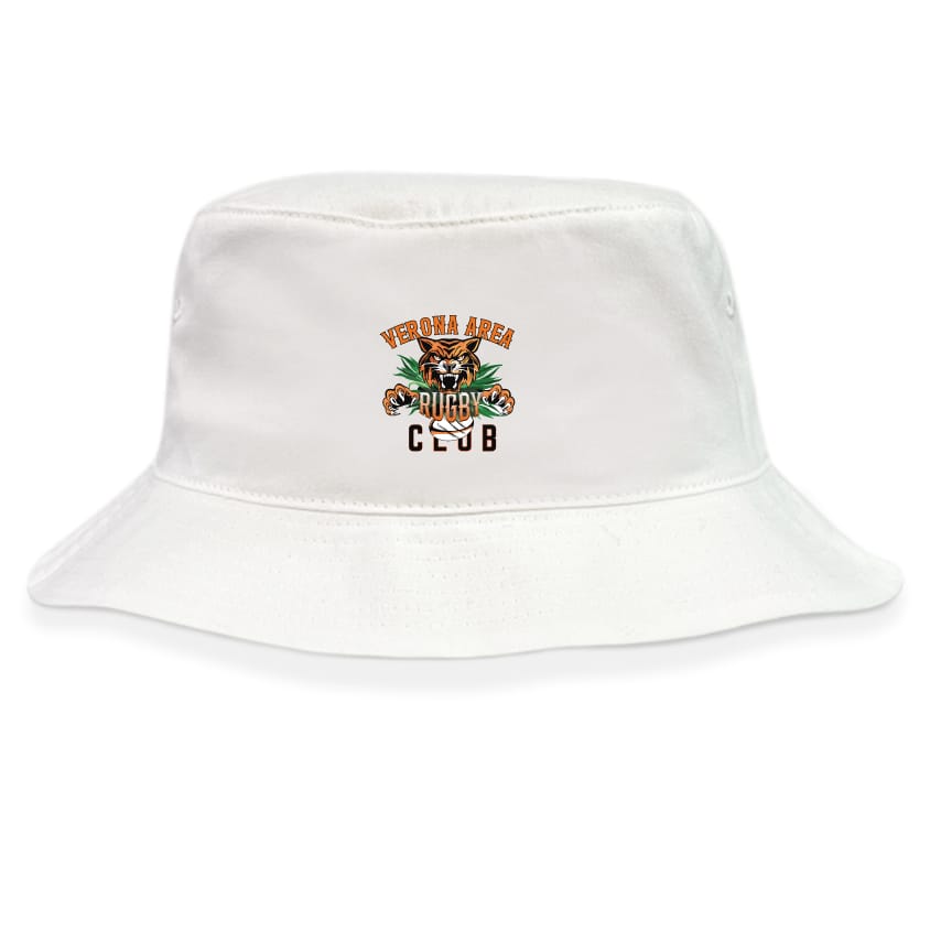 Stay stylish and protected with the Verona Area Rugby Crusher Bucket Cap by EMB S&S Activewear, featuring "Verona Area Rugby Club" text and a multicolored rugby logo—perfect for sunny game days.