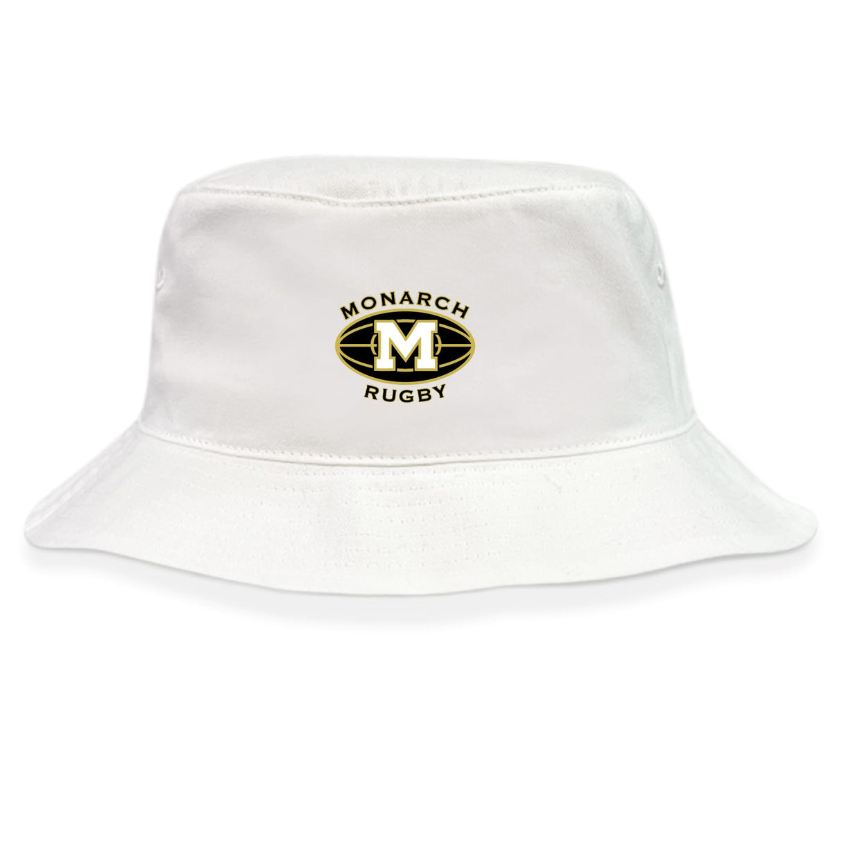 The Monarch Rugby Club Crusher Bucket Cap by EMB S&S Activewear is a white cotton twill hat with sun protection, featuring a black and gold oval "Monarch Rugby" logo with a bold "M" in the center.