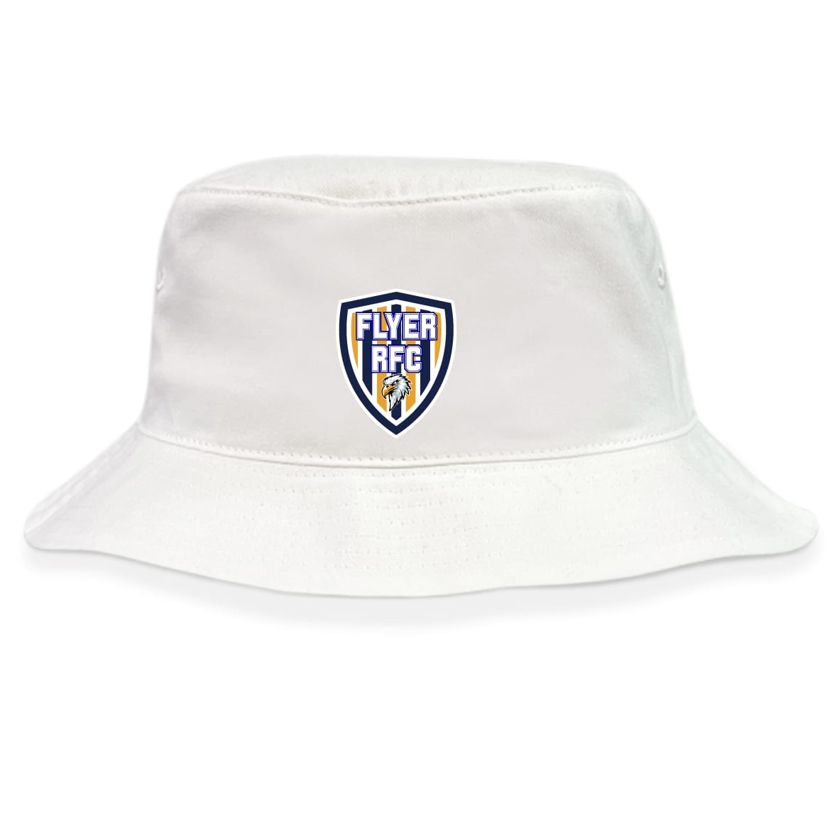 The Franklin County High School Rugby Crusher Bucket Cap by EMB S&S Activewear is a white cotton hat featuring a blue and yellow Flyer RFC logo patch on the front, perfect for stylish sun protection.