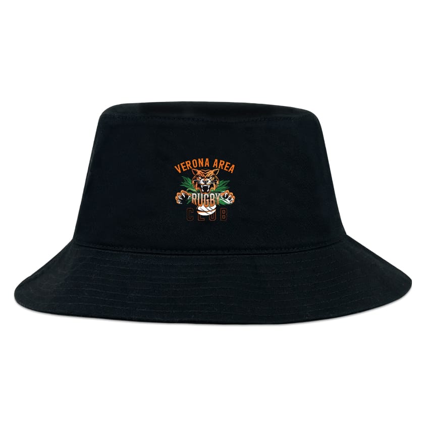 The Verona Area Rugby Crusher Bucket Cap by EMB S&S Activewear features an embroidered Verona Area Rugby Club logo with a tiger and crossed rugby balls, combining style and sun protection.