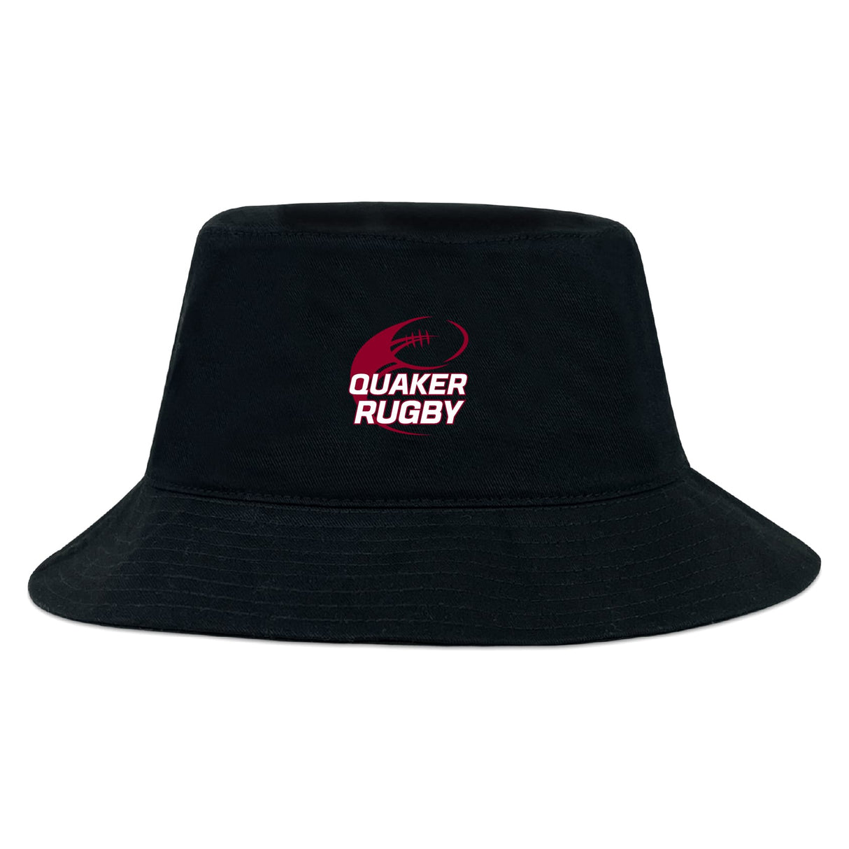 The Guilford College Crusher Bucket Cap by EMB S&S Activewear is a black cotton twill hat showcasing a red and white "Quaker Rugby" logo with a rugby ball graphic, providing stylish sun protection.