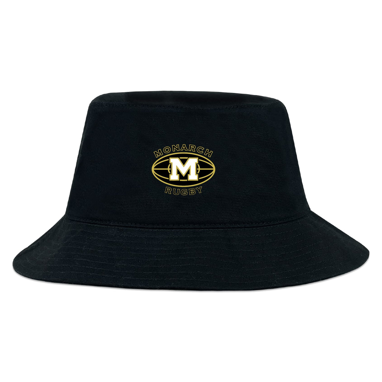 The EMB S&S Activewear Monarch Rugby Club Crusher Bucket Cap features black cotton twill and a yellow and white "Monarch Rugby" logo with a large "M" in an oval on the front, providing stylish sun protection.