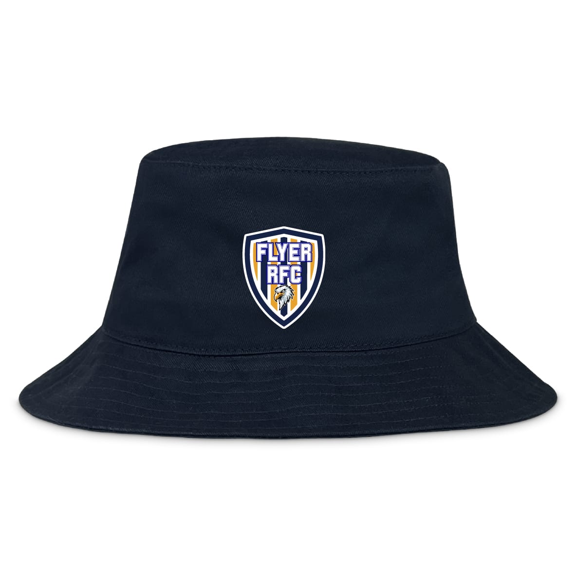 The Franklin County High School Rugby Crusher Bucket Cap by EMB S&S Activewear is a navy cotton hat with a "Flyer RFC" lion crest, offering stylish sun protection for outdoor events.