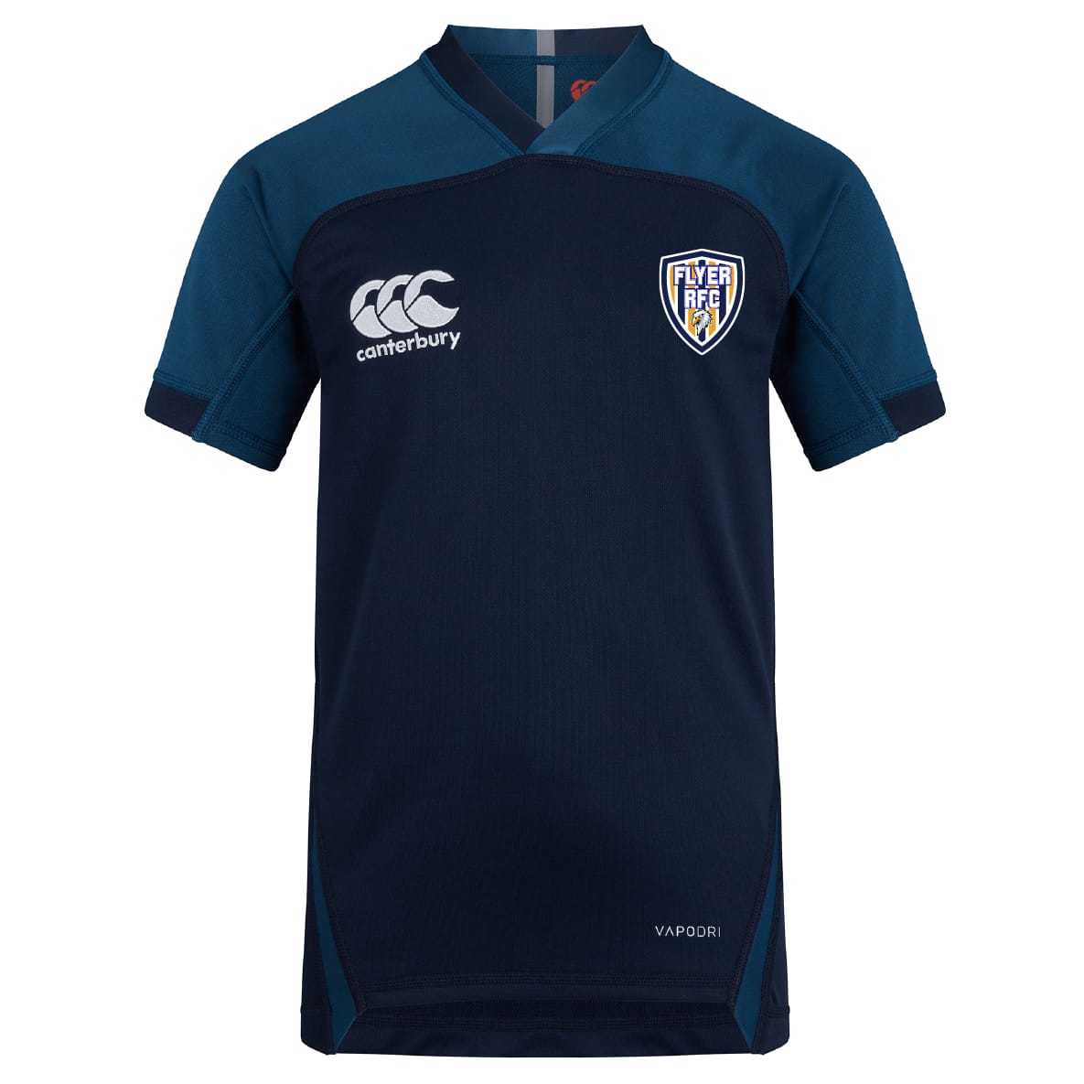 Navy blue short-sleeve Franklin County High School Rugby Vapodri Evader Jersey by EMB Canterbury, featuring "Canterbury" logo, advanced moisture-wicking tech for comfort, and "Vapodri" near the hem.