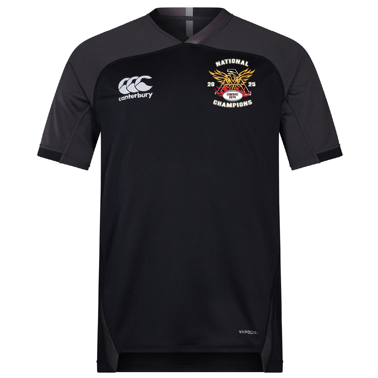 The Atlanta Old White Rugby Champs Vapodri Evader Jersey by EMB Canterbury is a black short-sleeve jersey with the white Canterbury logo, a "National Champions 2023" emblem, and VapoDri tech for comfort.