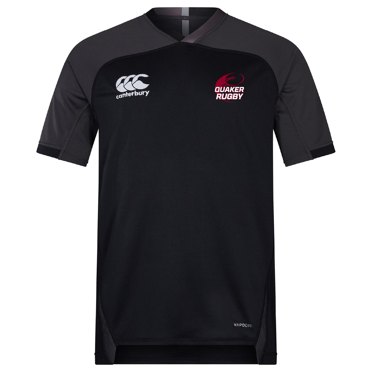 The Guilford College Vapodri Evader Jersey by EMB Canterbury is a black short-sleeve rugby jersey featuring "Canterbury" and "Quaker Rugby" chest logos, a V-neck, subtle paneling, and VapoDri finish for added comfort.