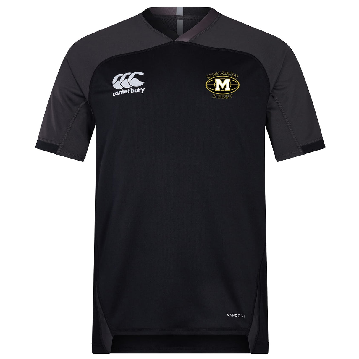 A black short-sleeve EMB Canterbury Monarch Rugby Club Vapodri Evader Jersey featuring VapoDri technology and club logos on the chest.