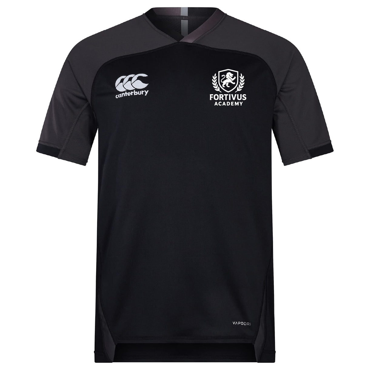 The Fortivus Academy Vapodri Evader Jersey by EMB Canterbury is a black short-sleeve rugby top with left-chest Canterbury and right-chest Fortivus logos, plus moisture-wicking tech to keep you dry and comfortable during matches.