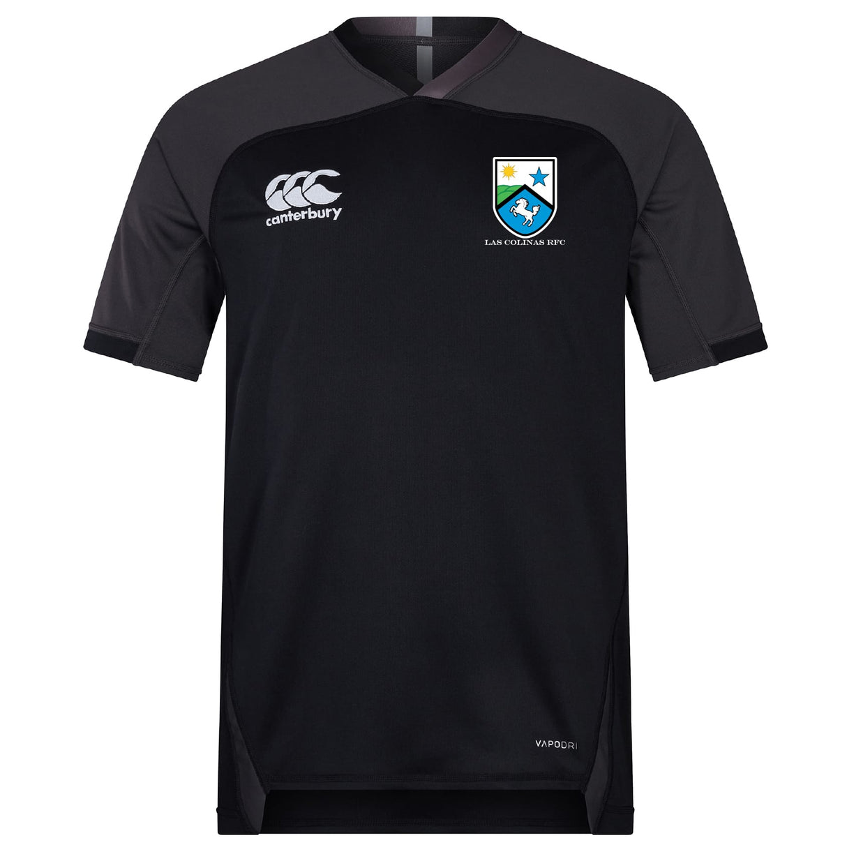 The Las Colinas Rugby Vapodri Evader Jersey by EMB Canterbury is a black short-sleeve rugby top with moisture-wicking fabric, embroidered Canterbury logo on the right chest, and Las Cebras RFC crest on the left.
