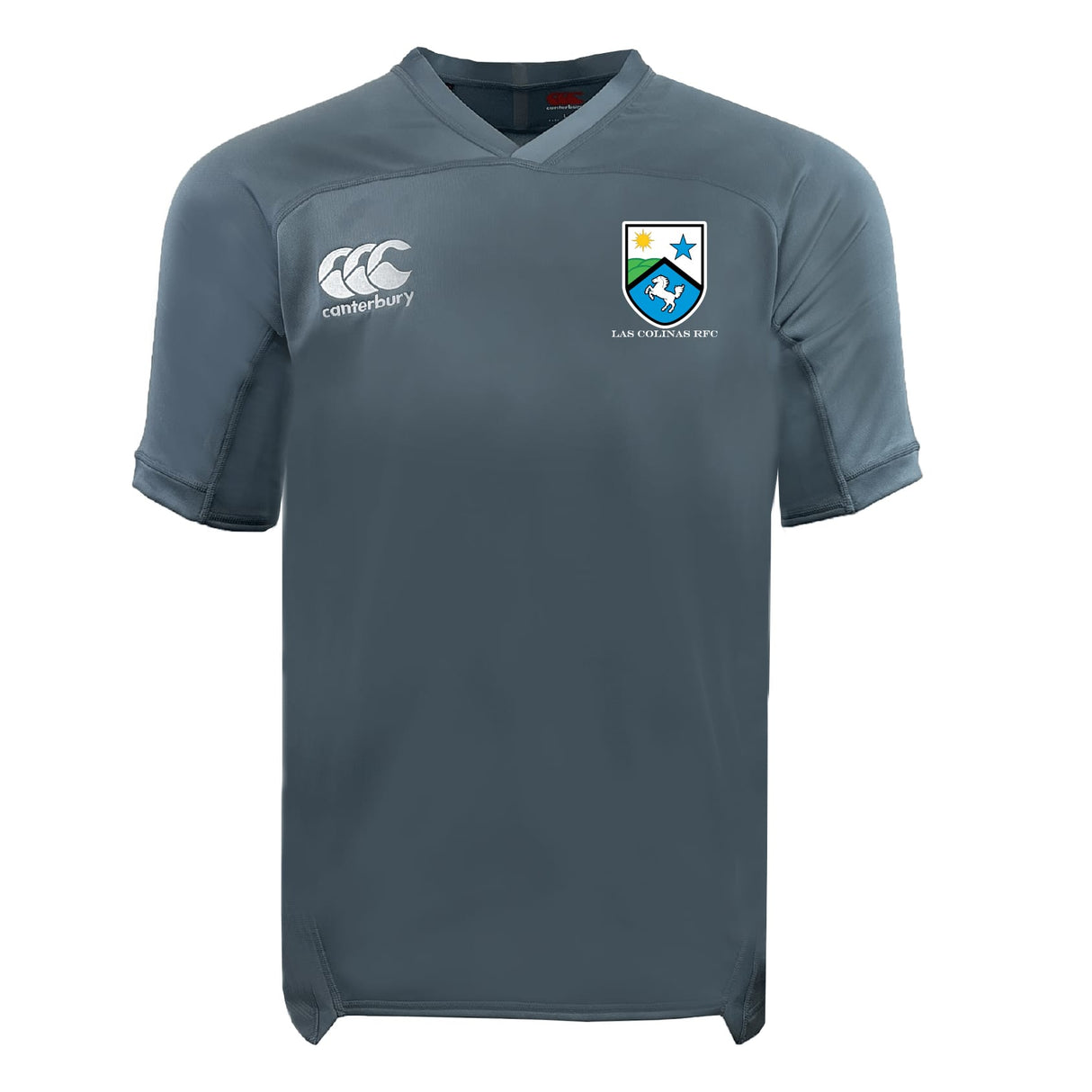 The Las Colinas Rugby Vapodri Evader Jersey by EMB Canterbury is a gray short-sleeve rugby top with moisture-wicking fabric, the EMB Canterbury logo on the right chest, and a Las Colinas RFC crest on the left.