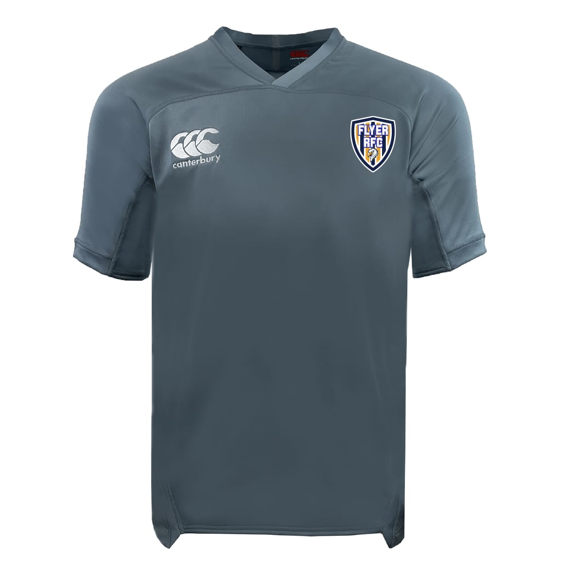 Gray short-sleeve Franklin County High School Rugby Vapodri Evader Jersey by EMB Canterbury with moisture-wicking fabric, white "Canterbury" logo on the right chest, and blue "Flyer RFC" badge on the left, shown on a white background.