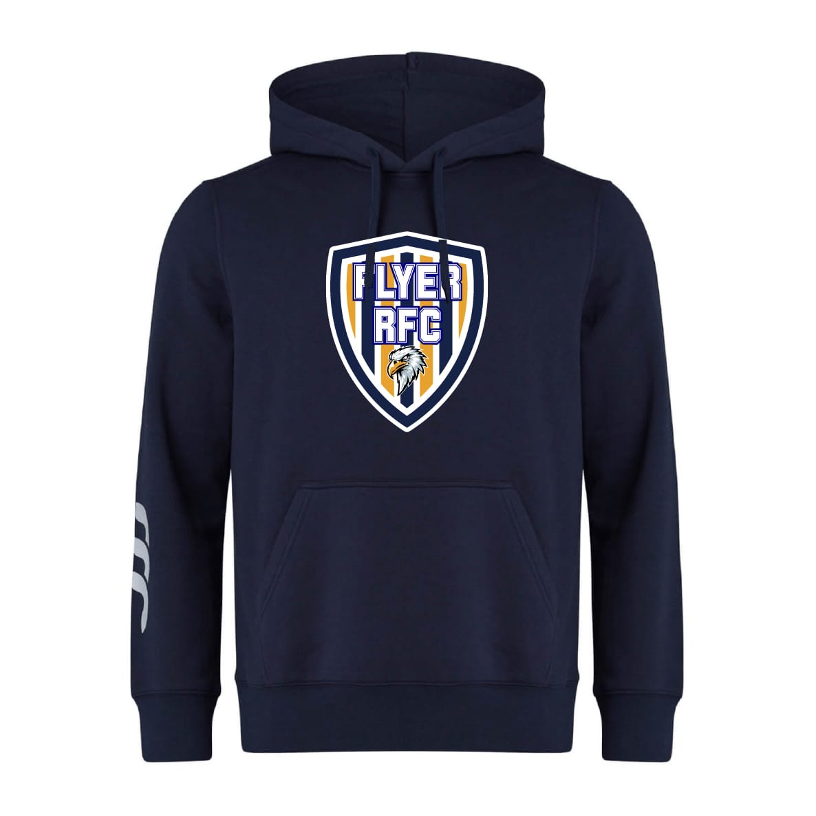 Navy blue Franklin County High School Rugby Club Hoodie by WRS Canterbury featuring an eagle crest, "Flyer RFC" logo on the chest, and three white stripes on the left sleeve.